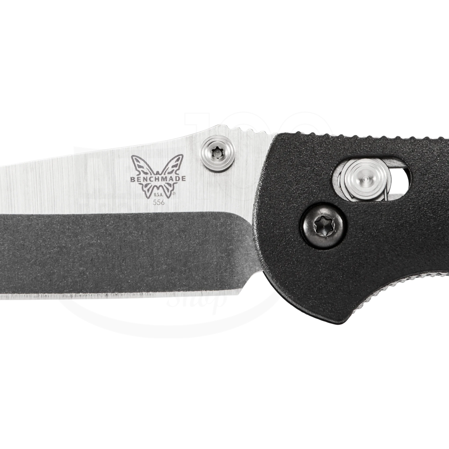 Benchmade Mini Griptilian® Grivory® Drop-point close-up of black textured handle and stainless steel blade lock mechanism detail