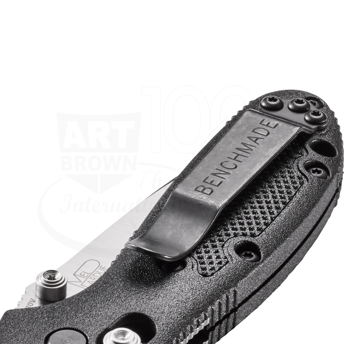 Benchmade Mini Griptilian® Grivory® Drop-point black textured handle with clip close-up showing blade base detail