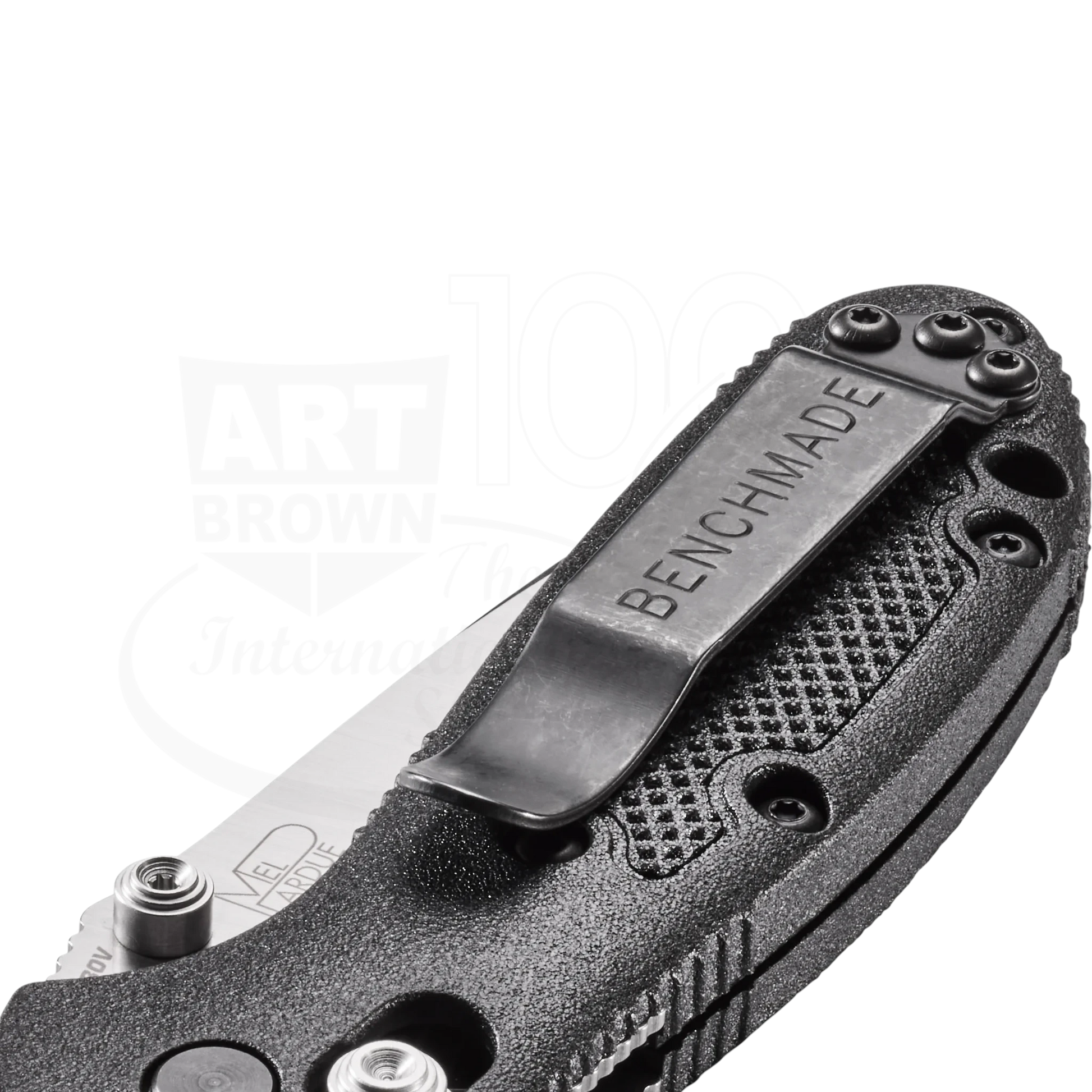 Benchmade Mini Griptilian® Grivory® Drop-point black textured handle with clip close-up showing blade base detail