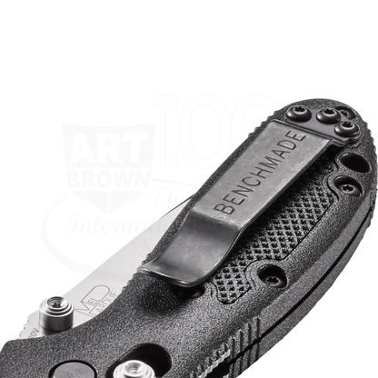 Benchmade Mini Griptilian® Grivory® Drop-point black textured handle with clip close-up showing blade base detail