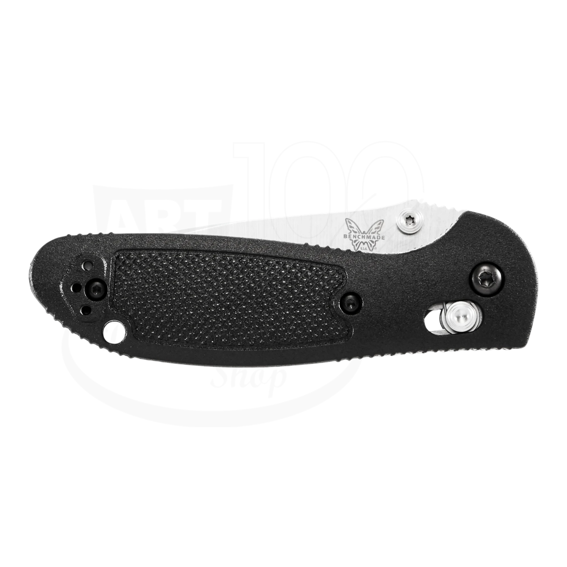 Benchmade Mini Griptilian® Grivory® Drop-point closed black textured handle with visible blade tip and locking mechanism