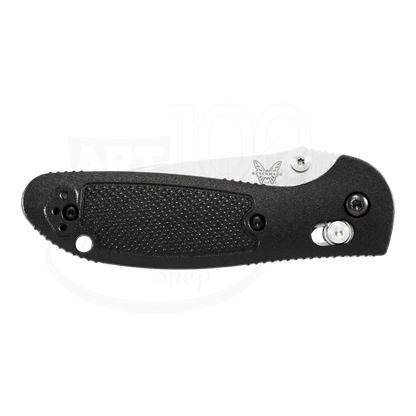 Benchmade Mini Griptilian® Grivory® Drop-point closed black textured handle with visible blade tip and locking mechanism