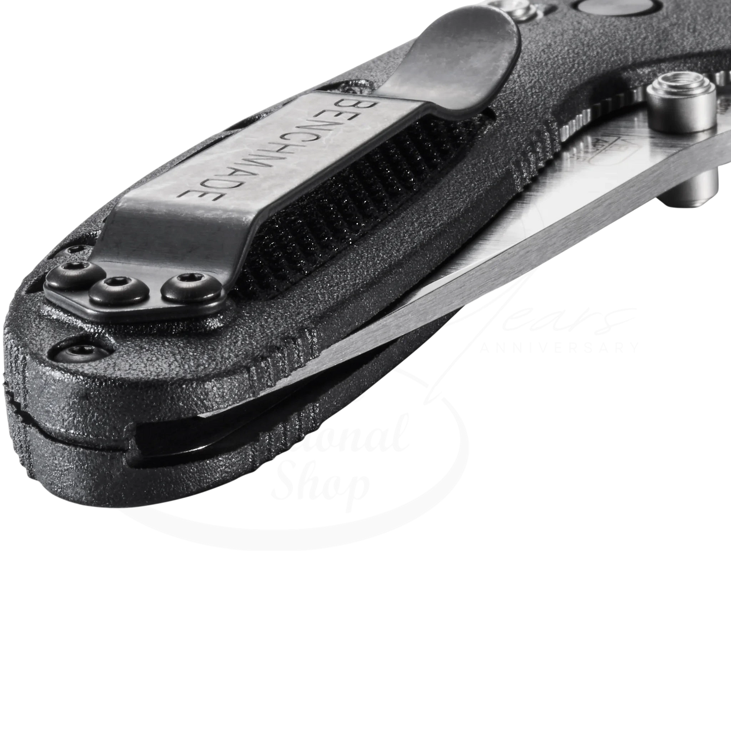 Benchmade Mini Griptilian® Grivory® Drop-point compact black textured handle with metal pocket clip close-up angle gallery 17