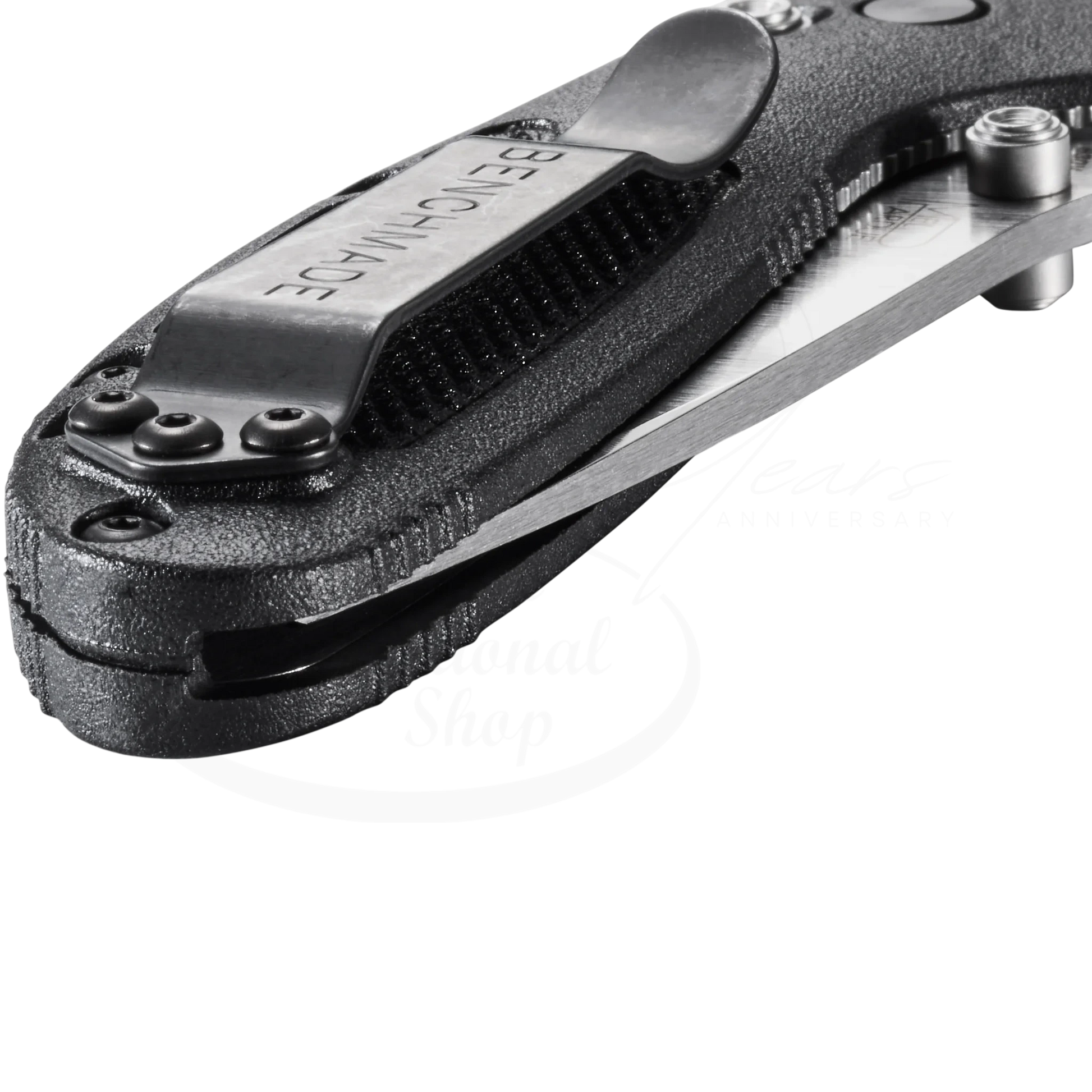 Benchmade Mini Griptilian® Grivory® Drop-point compact black textured handle with metal pocket clip close-up angle gallery 17