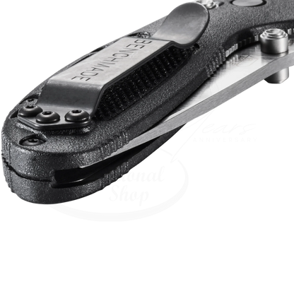 Benchmade Mini Griptilian® Grivory® Drop-point compact black textured handle with metal pocket clip close-up angle gallery 17