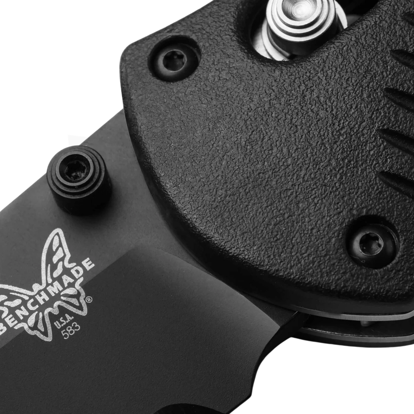 Close-up gallery 2 of Benchmade Barrage Black Valox® Assisted Serrated Tanto showing textured handle and blade details in square format