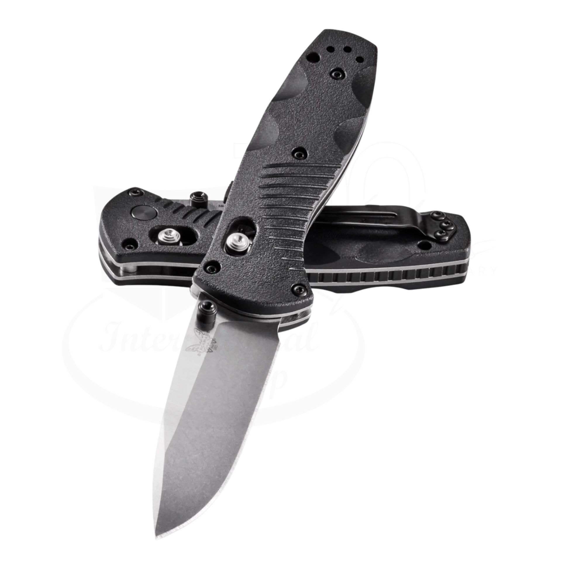 Benchmade Mini-Barrage® Black Valox® Assist Drop Point knife with textured handle and stonewashed blade open and closed views