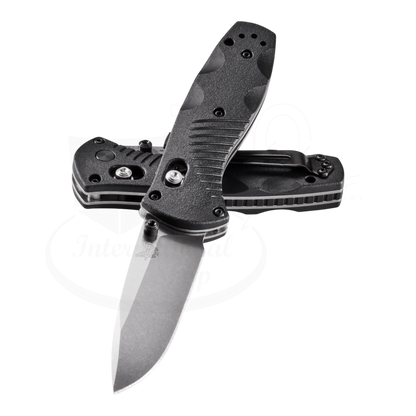 Benchmade Mini-Barrage® Black Valox® Assist Drop Point knife with textured handle and stonewashed blade open and closed views