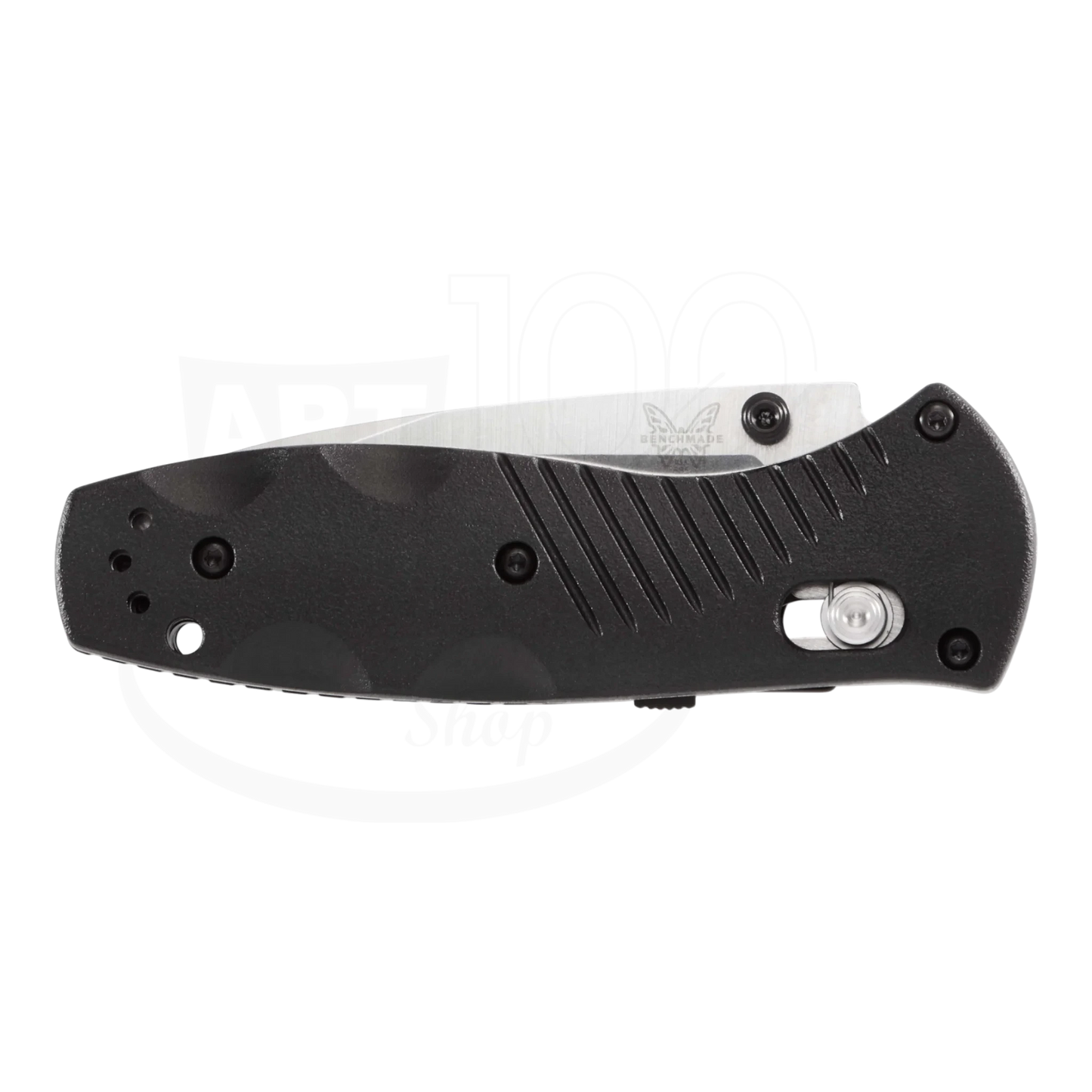 Benchmade Mini-Barrage® Black Valox® Assist Drop Point compact folding knife , closed front view