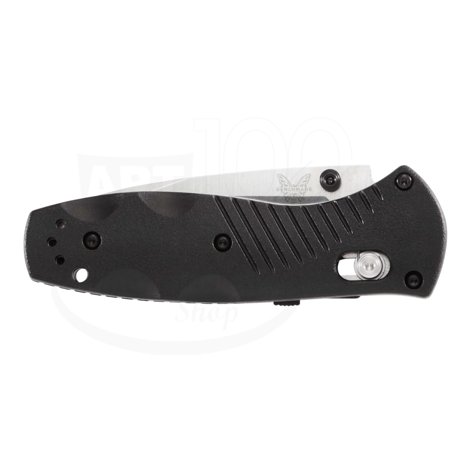 Benchmade Mini-Barrage® Black Valox® Assist Drop Point compact folding knife , closed front view