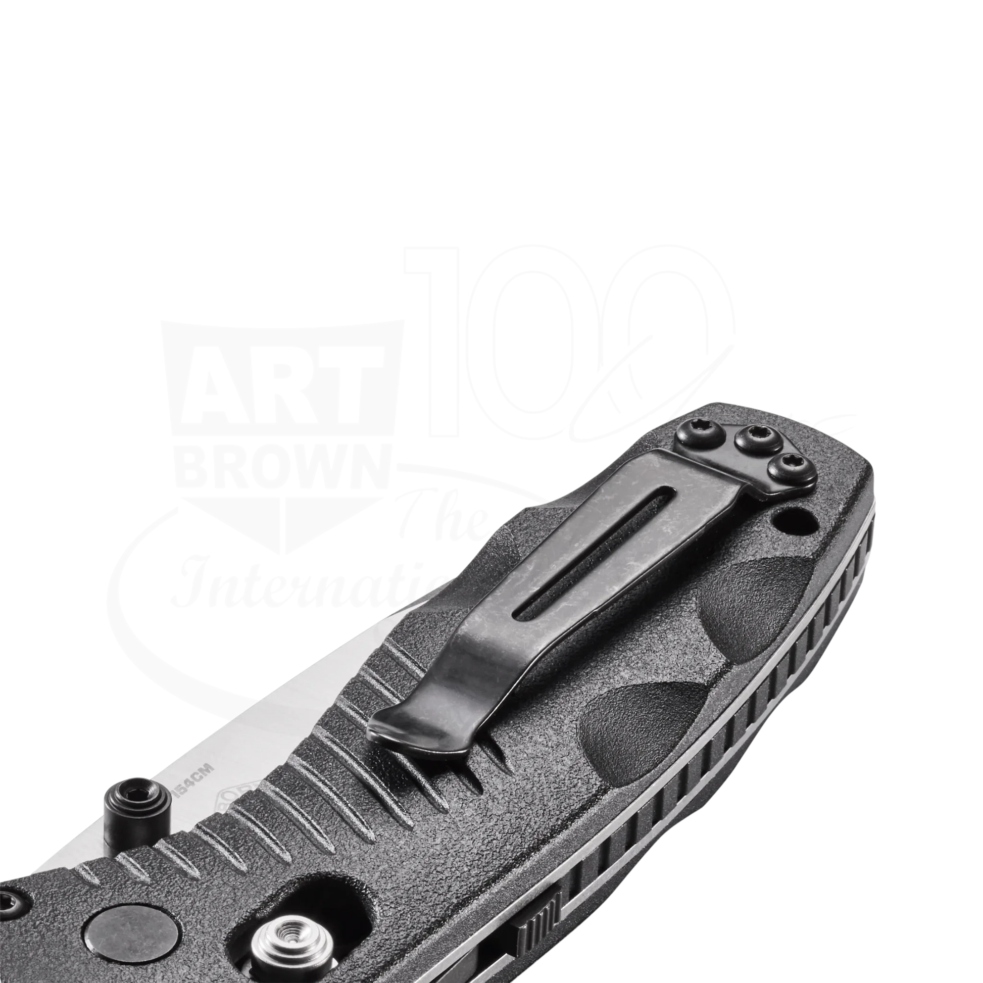 Close-up view of Benchmade Mini-Barrage® Black Valox® Assist Drop Point showing textured handle and black pocket clip 