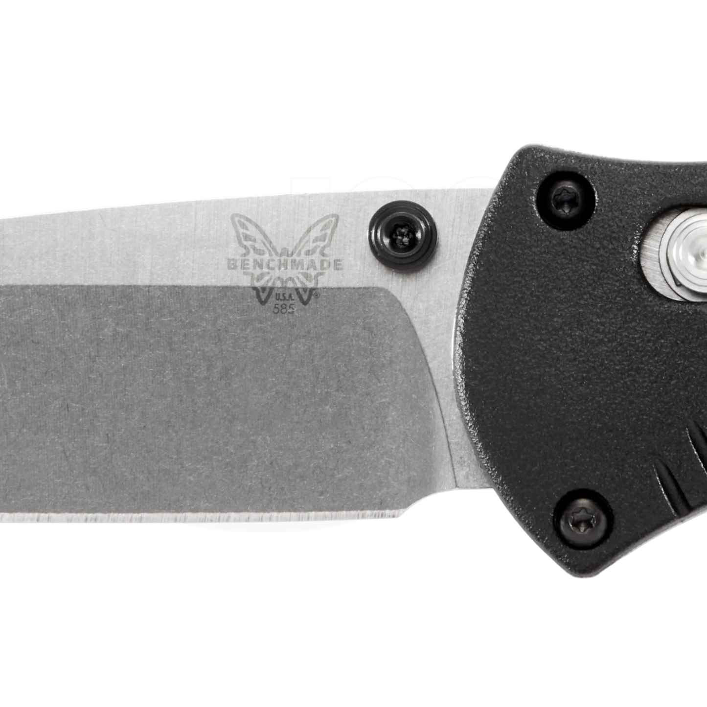 Benchmade Mini-Barrage® Black Valox® Assist Drop Point folding knife close-up showing 154CM blade texture and handle detail