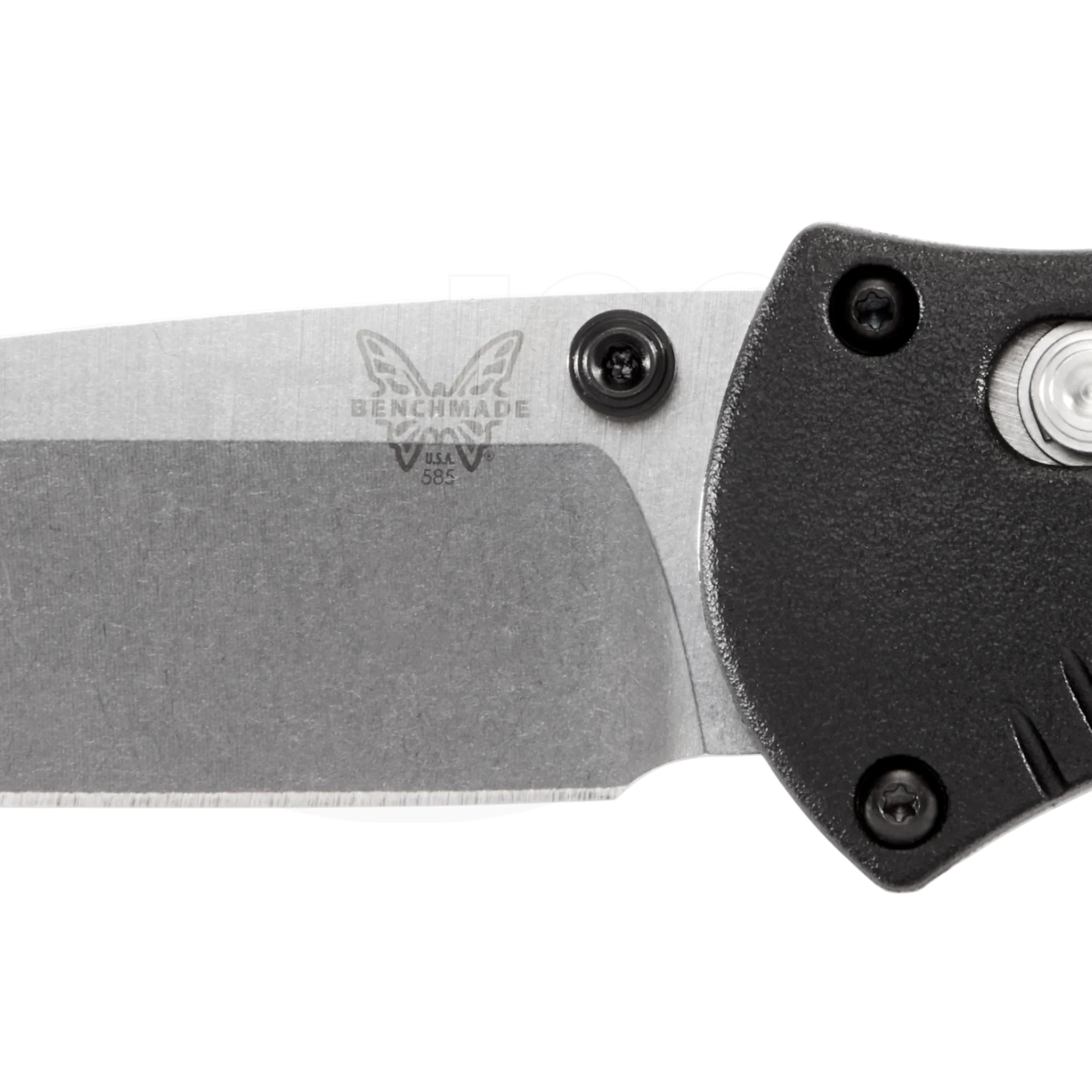 Benchmade Mini-Barrage® Black Valox® Assist Drop Point folding knife close-up showing 154CM blade texture and handle detail