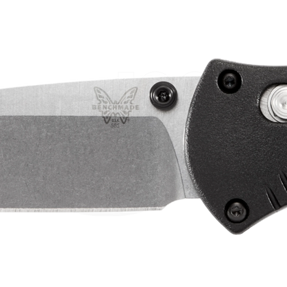 Benchmade Mini-Barrage® Black Valox® Assist Drop Point folding knife close-up showing 154CM blade texture and handle detail