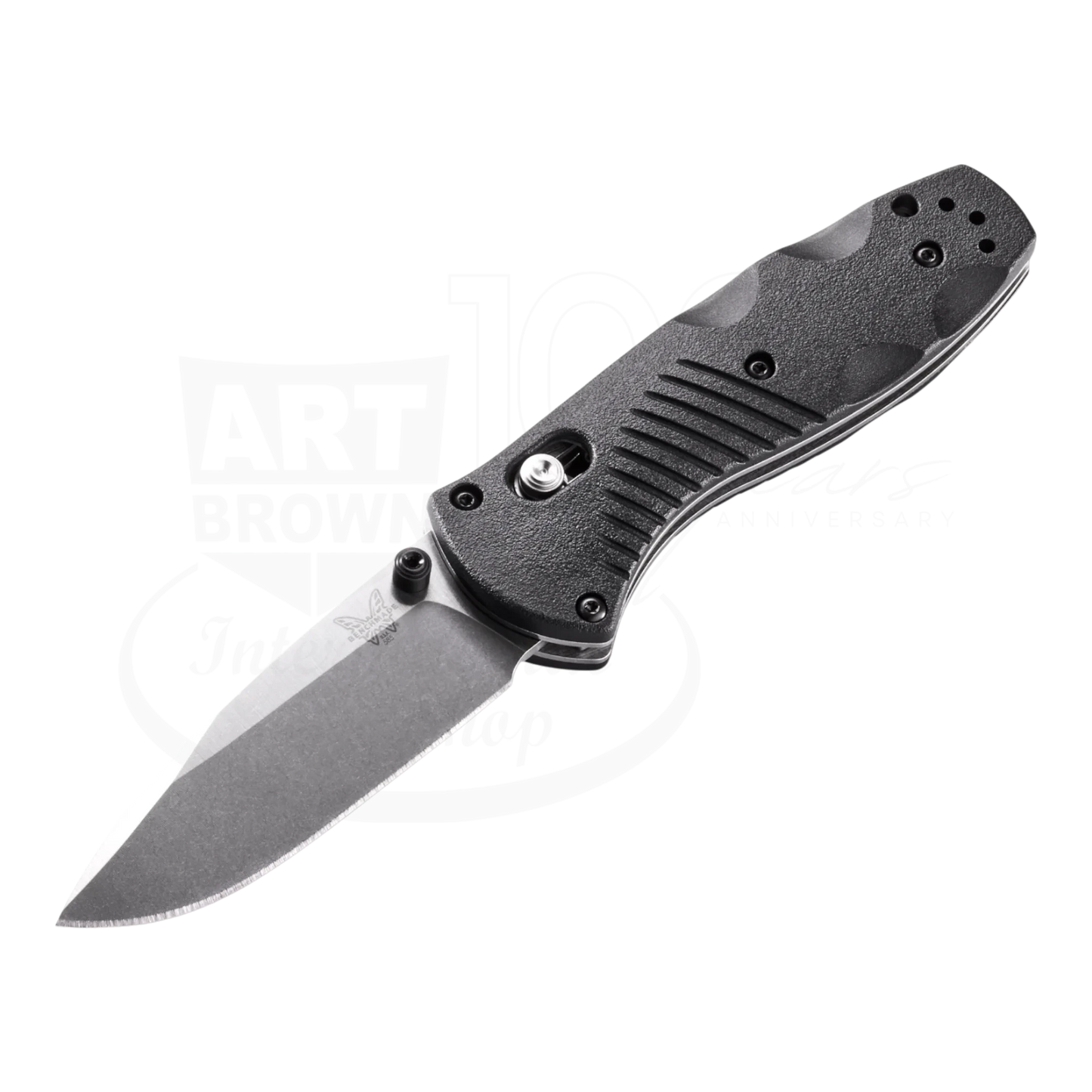 Benchmade Mini-Barrage® Black Valox® Assist Drop Point folding knife angled view showing 154CM steel blade and textured handle details