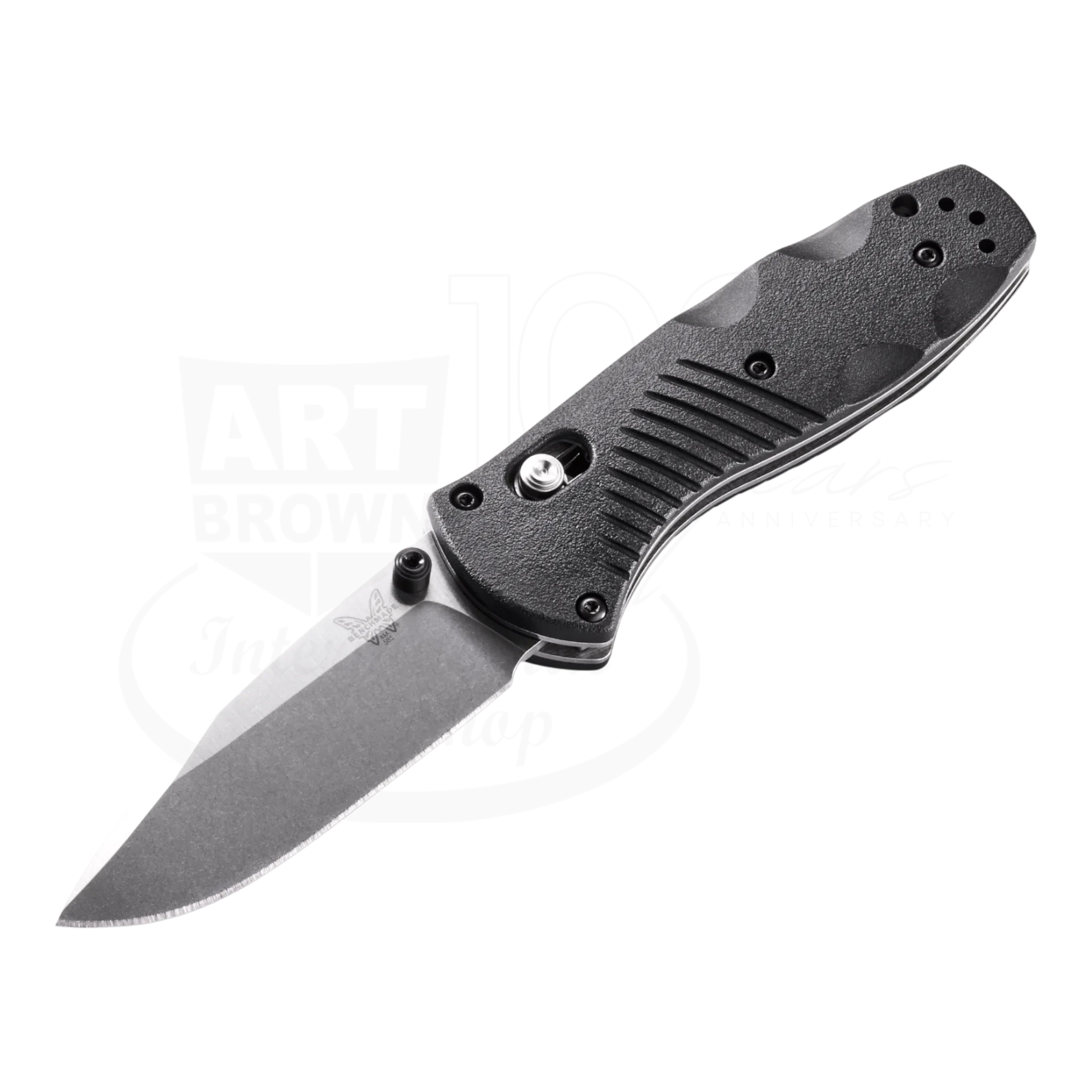 Benchmade Mini-Barrage® Black Valox® Assist Drop Point folding knife angled view showing 154CM steel blade and textured handle details