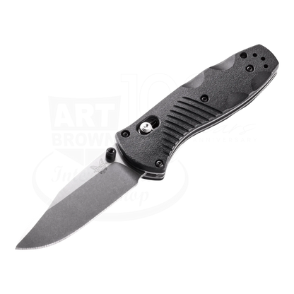 Benchmade Mini-Barrage® Black Valox® Assist Drop Point folding knife angled view showing 154CM steel blade and textured handle details