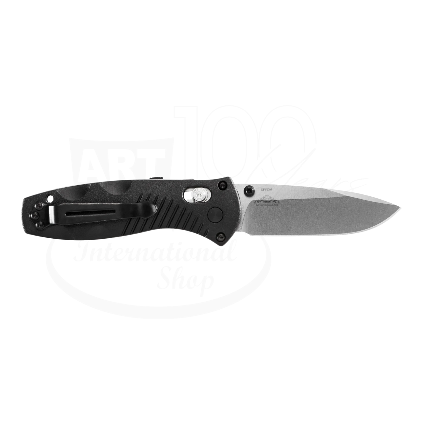 Benchmade Mini-Barrage® Black Valox® Assist Drop Point folding knife, with open blade and ergonomic handle, detail back view with clip