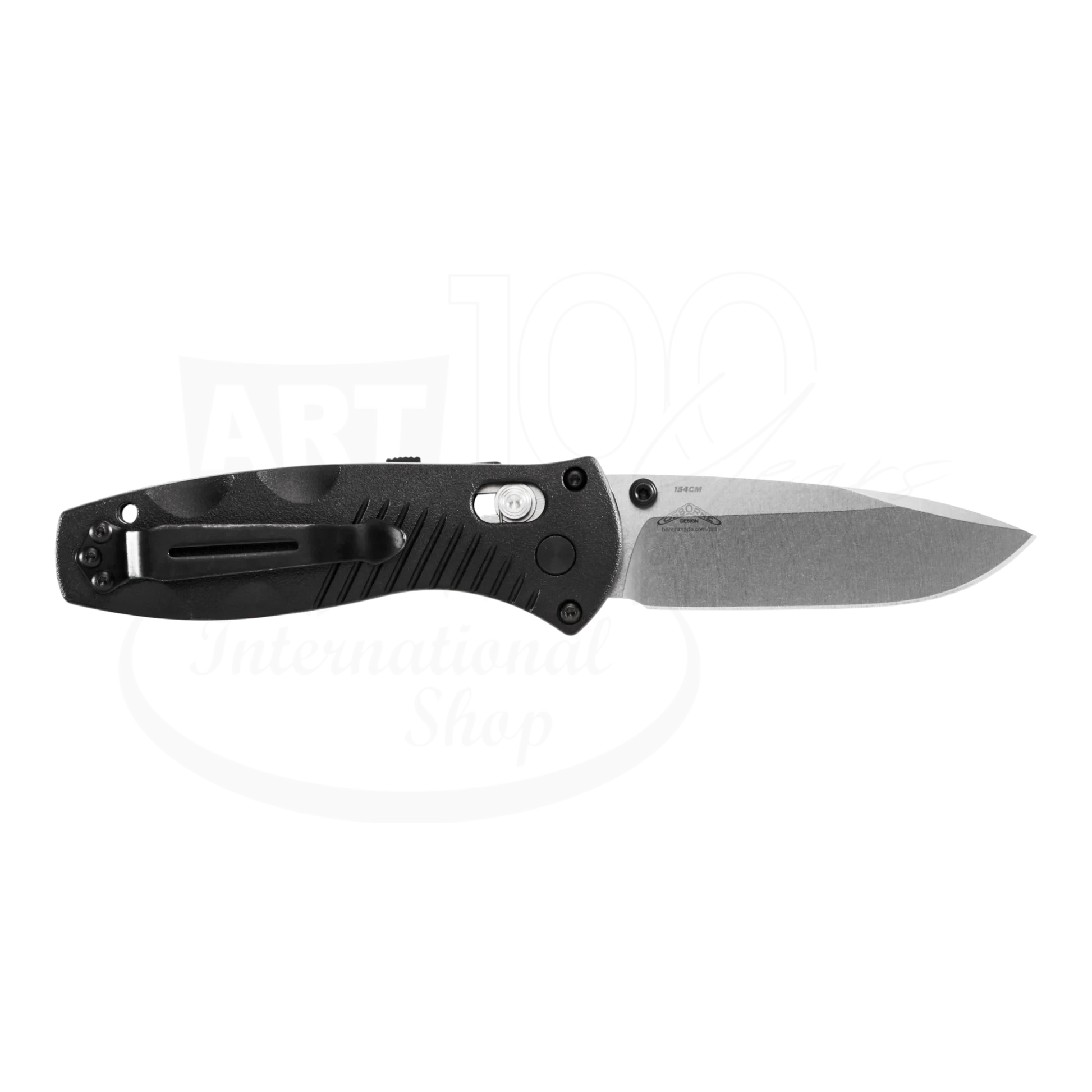 Benchmade Mini-Barrage® Black Valox® Assist Drop Point folding knife, with open blade and ergonomic handle, detail back view with clip