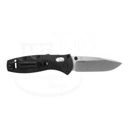 Benchmade Mini-Barrage® Black Valox® Assist Drop Point folding knife, with open blade and ergonomic handle, detail back view with clip