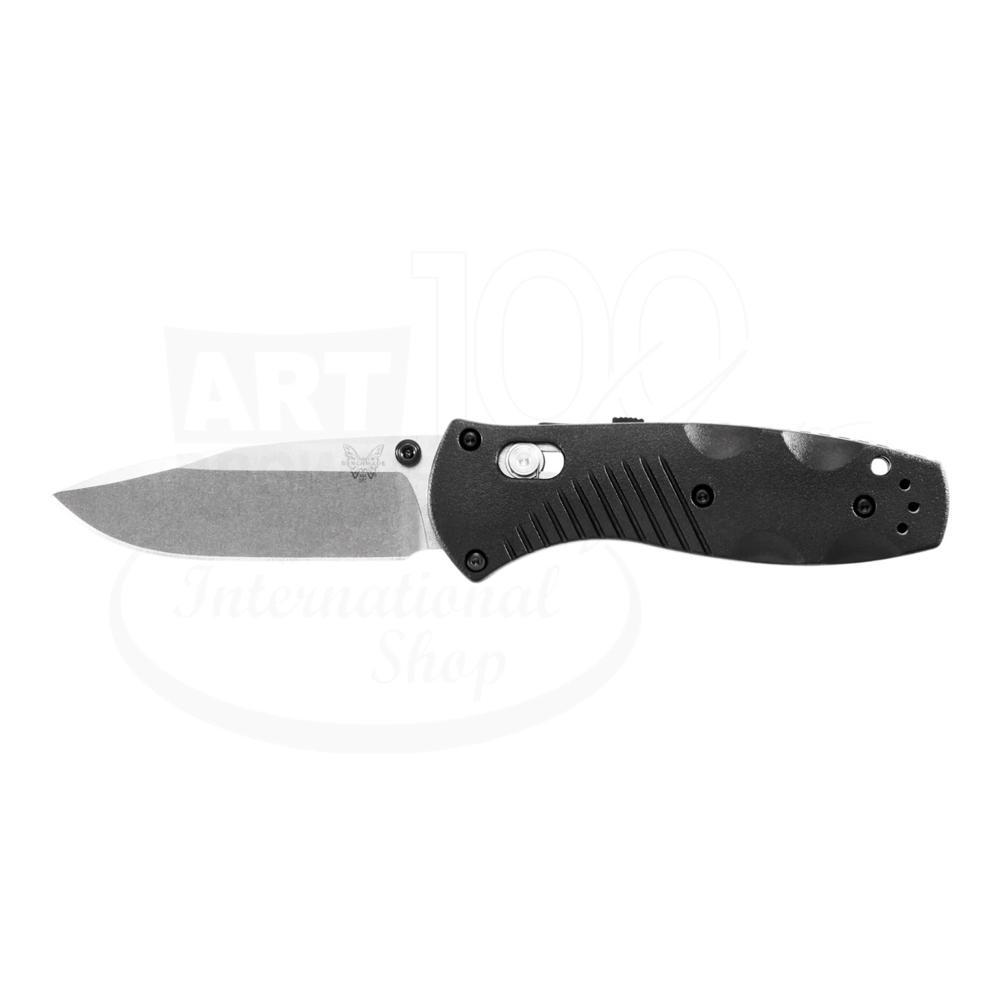 Benchmade Mini-Barrage® Black Valox® Assist Drop Point knife open angle showing blade and ergonomic handle design