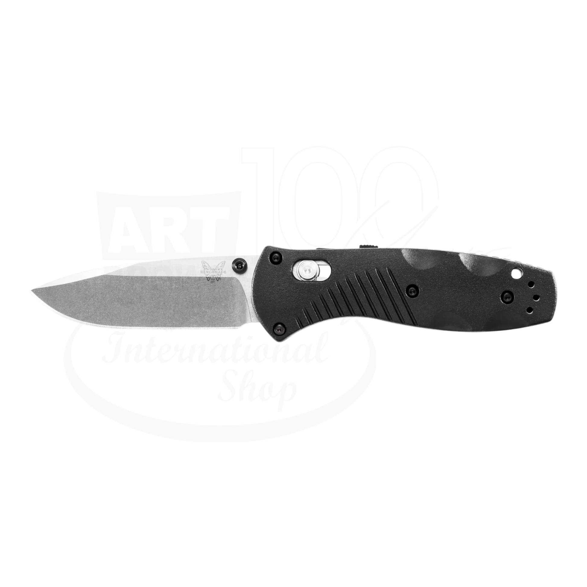 Benchmade Mini-Barrage® Black Valox® Assist Drop Point knife open angle showing blade and ergonomic handle design