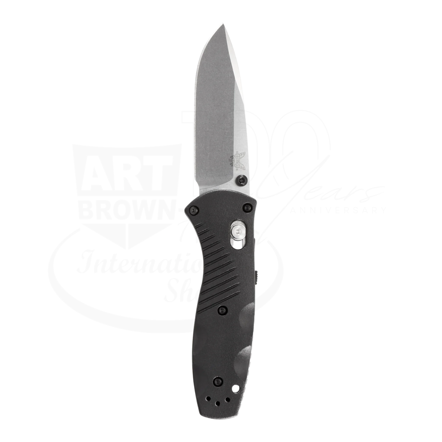 Benchmade Mini-Barrage® Black Valox® Assist Drop Point folding knife with stonewashed blade and contoured handle design