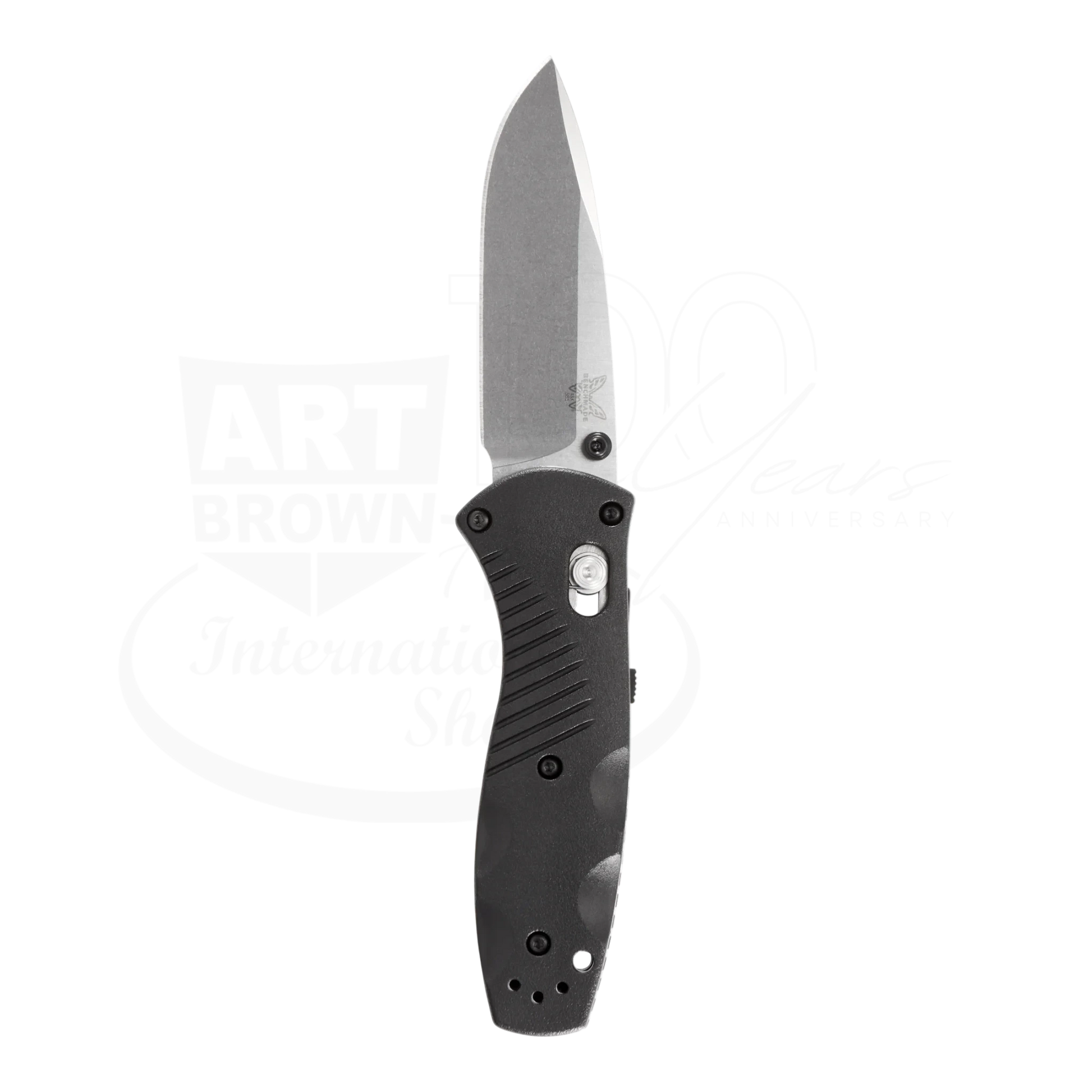 Benchmade Mini-Barrage® Black Valox® Assist Drop Point folding knife with stonewashed blade and contoured handle design