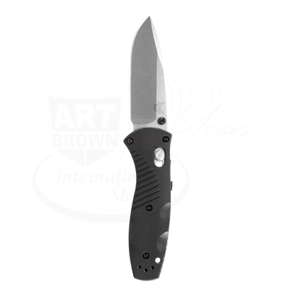 Benchmade Mini-Barrage® Black Valox® Assist Drop Point folding knife with stonewashed blade and contoured handle design