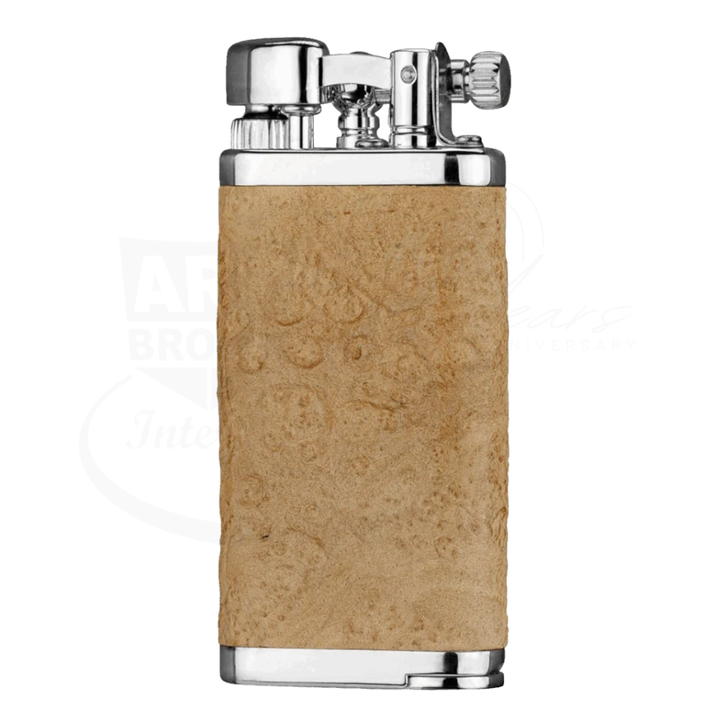 IM Corona Old Boy 64 briarwood pipe lighter in tan and chrome with flip top and flint wheel
