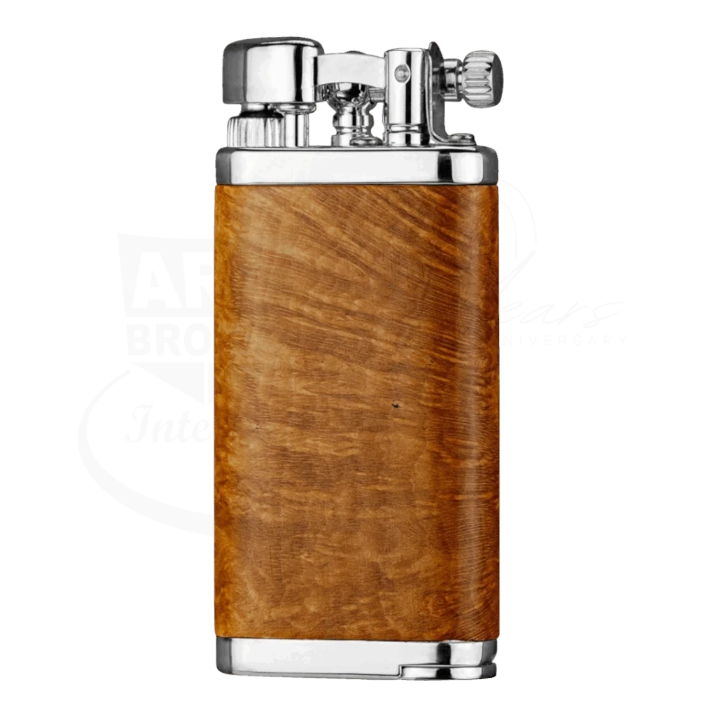 IM Corona 64 Old Boy briarwood lighter with brown wood body and polished chrome top and base