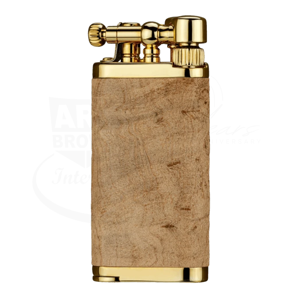 IM Corona Old Boy 64 briarwood lighter with gold tone finish and rectangular body