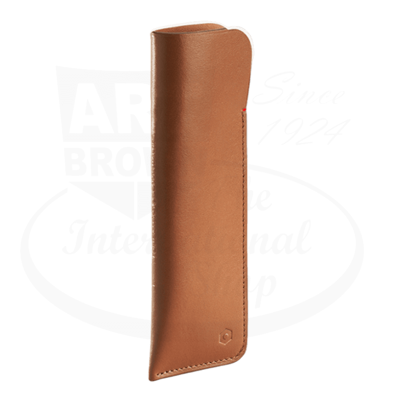 Caran D'Ache Beige 2 Pen Leather Case, handcrafted slim sleeve design with rich tan leather exterior, elegant stitching detail and lined interior, measures 16 x 5.5 cm