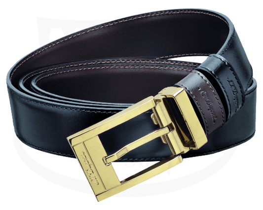 S.T. Dupont Line D 7910120 leather reversible belt black-brown with gold-tone buckle, 30mm width, featuring contrast stitching and brand embossed design