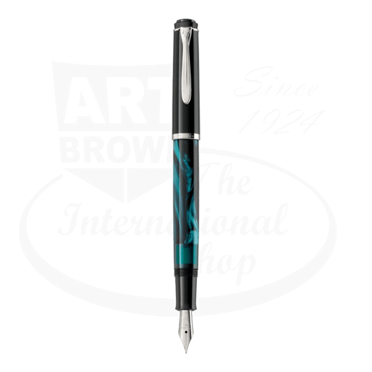 Pelikan M205 fountain pen in petrol-marbled resin finish with chrome trim, featuring distinctive swirling blue-green pattern and polished nib