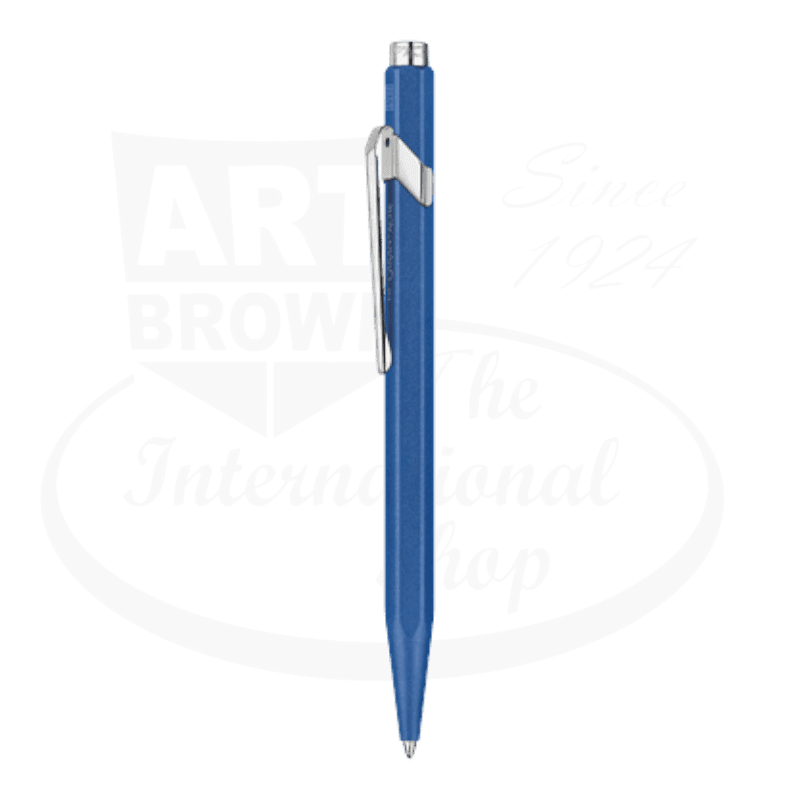 Caran D'Ache 849 Colormat-X ballpoint pen featuring hexagonal blue metal body with chrome clip and push-button mechanism