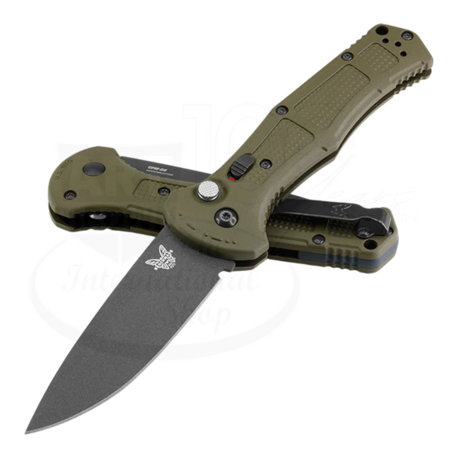 Benchmade Claymore Ranger Green Grivory® Drop Point Auto knife closed and open with textured green handle square view