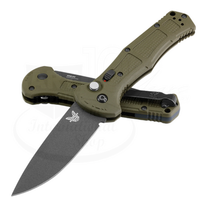 Benchmade Claymore Ranger Green Grivory® Drop Point Auto knife closed and open with textured green handle square view
