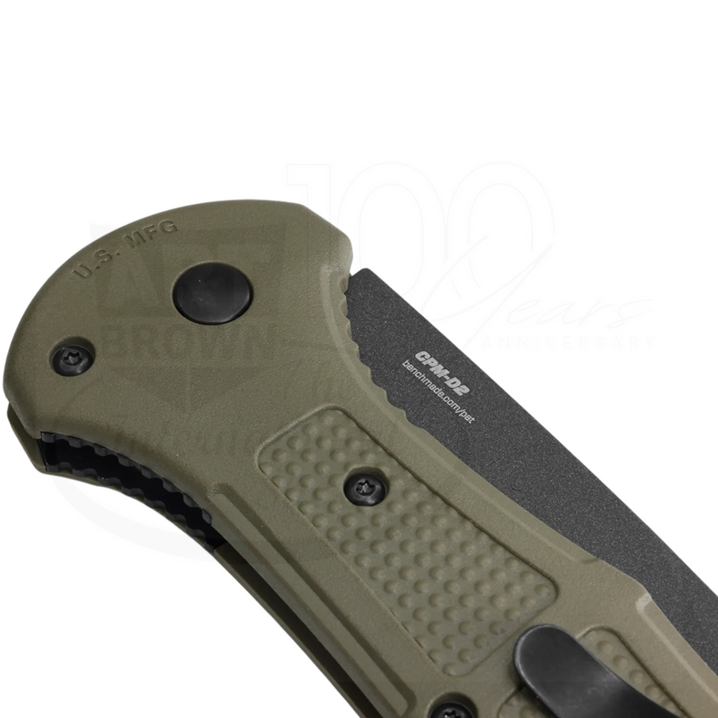 Benchmade Claymore Ranger Green Grivory® Drop Point Auto folding knife with green textured handle close-up square shot 11