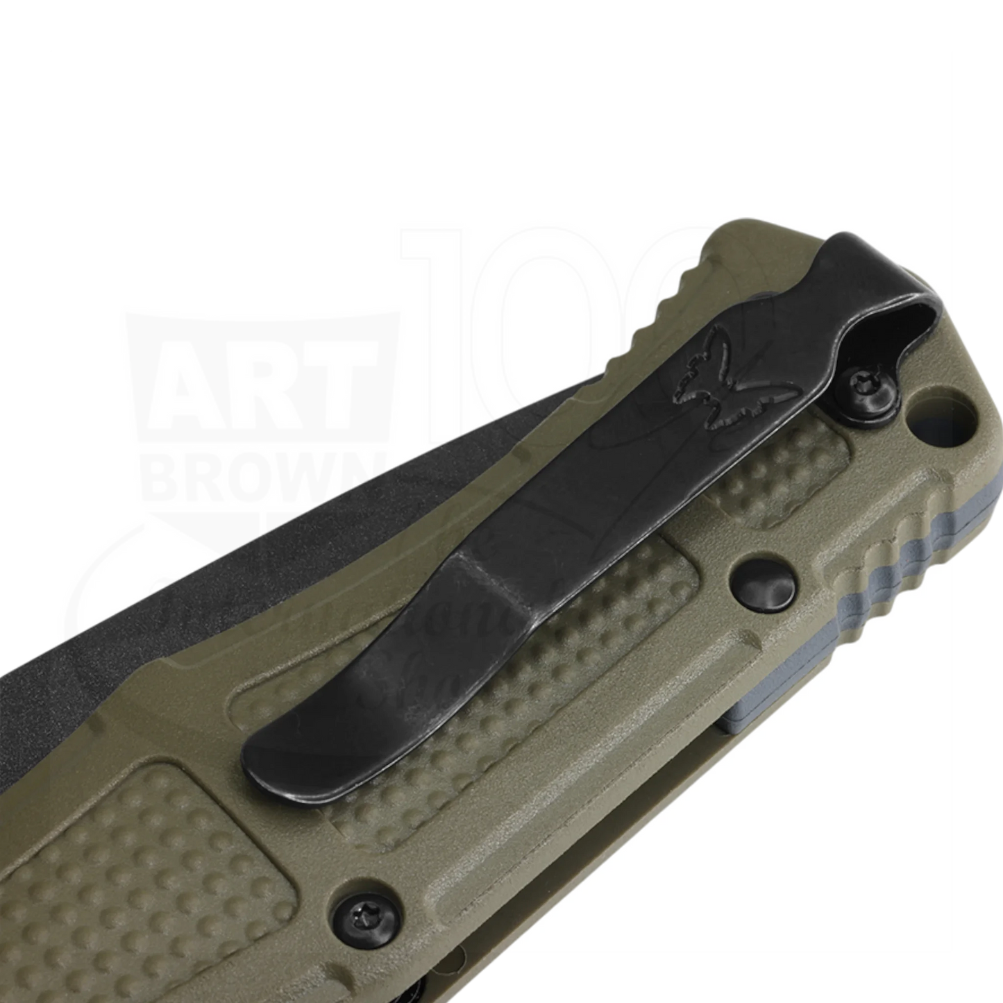 Benchmade Claymore Ranger Green Grivory® Drop Point Auto folding knife handle close-up with pocket clip gallery 12
