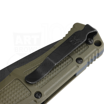 Benchmade Claymore Ranger Green Grivory® Drop Point Auto folding knife handle close-up with pocket clip gallery 12