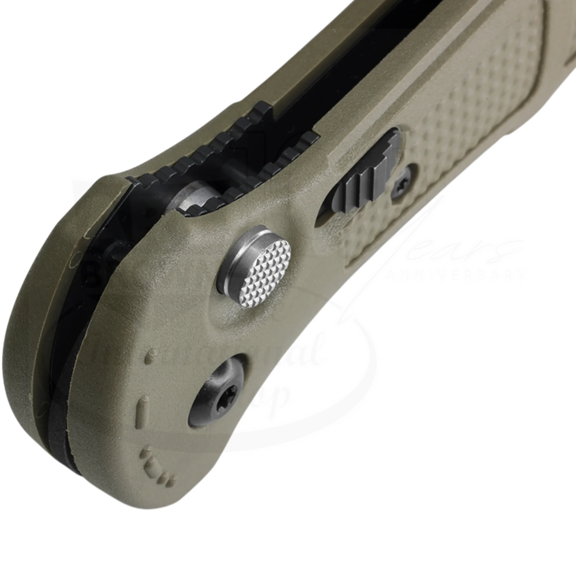 Benchmade Claymore Ranger Green Grivory® Drop Point Auto close-up of textured green Grivory handle lock mechanism side view square