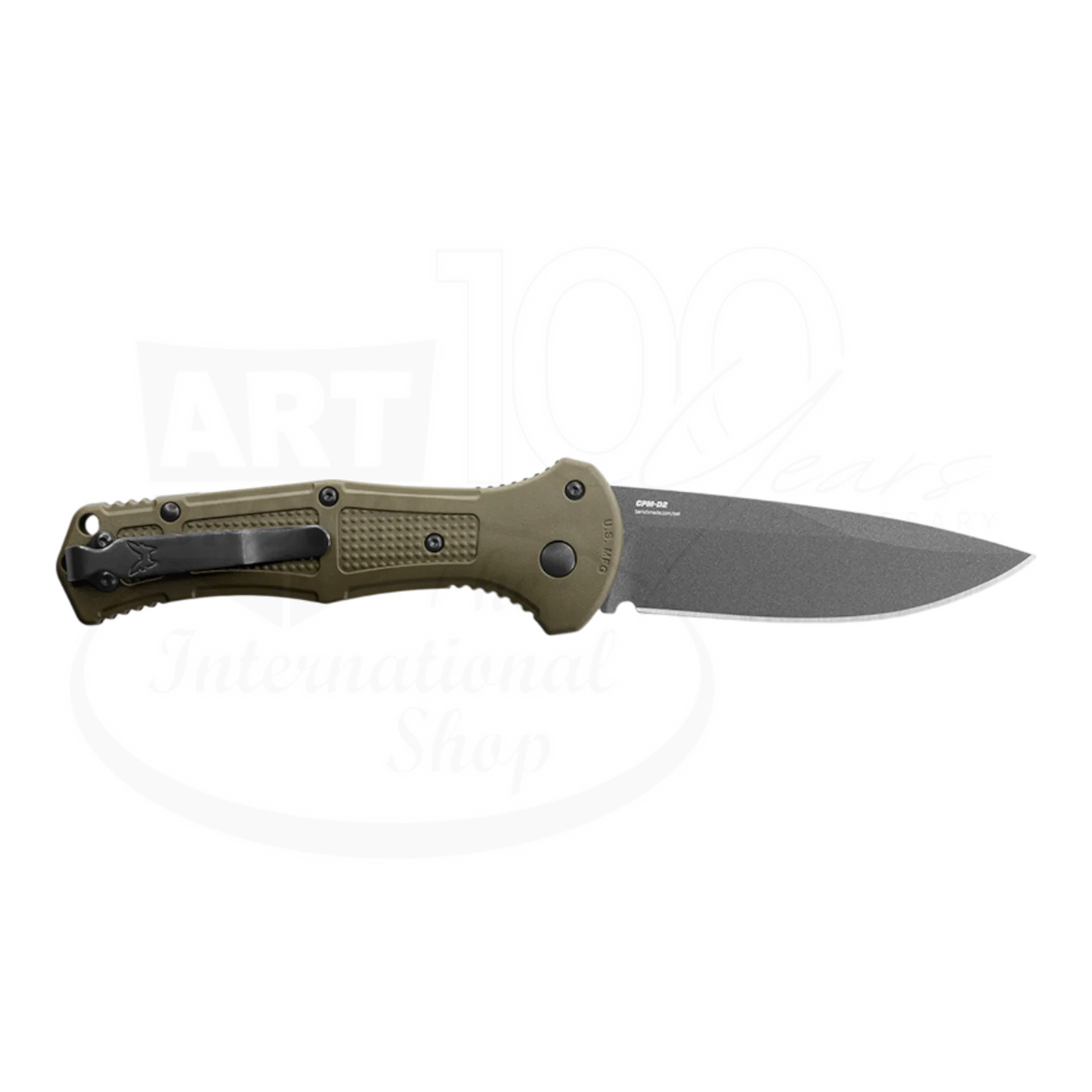 Benchmade Claymore Ranger Green Grivory® Drop Point Auto folding knife with textured handle and black drop point blade