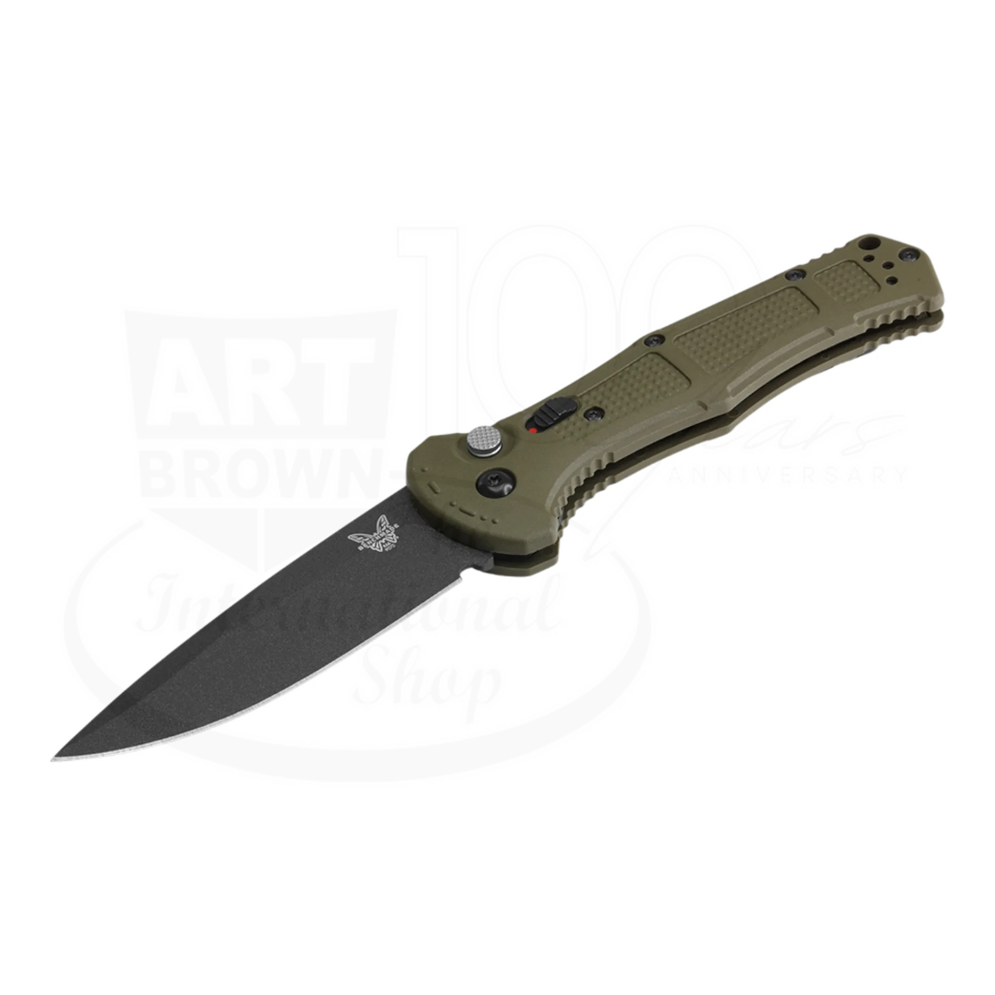 Benchmade Claymore Ranger Green Grivory® Drop Point Auto folding knife with black blade and textured green handle, gallery 1 square