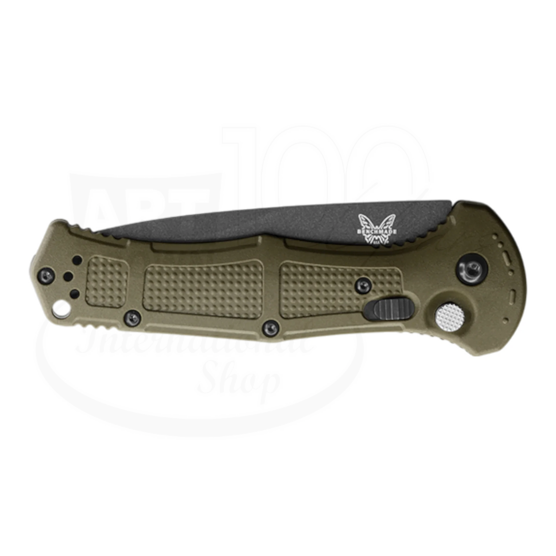 Benchmade Claymore Ranger Green Grivory® Drop Point Auto folding knife closed with textured handle gallery 6 square