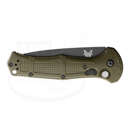 Benchmade Claymore Ranger Green Grivory® Drop Point Auto folding knife closed with textured handle gallery 6 square