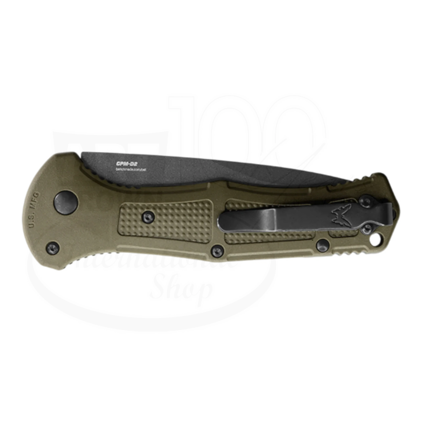 Benchmade Claymore Ranger Green Grivory® Drop Point Auto folding knife closed with olive green handle and black blade side view