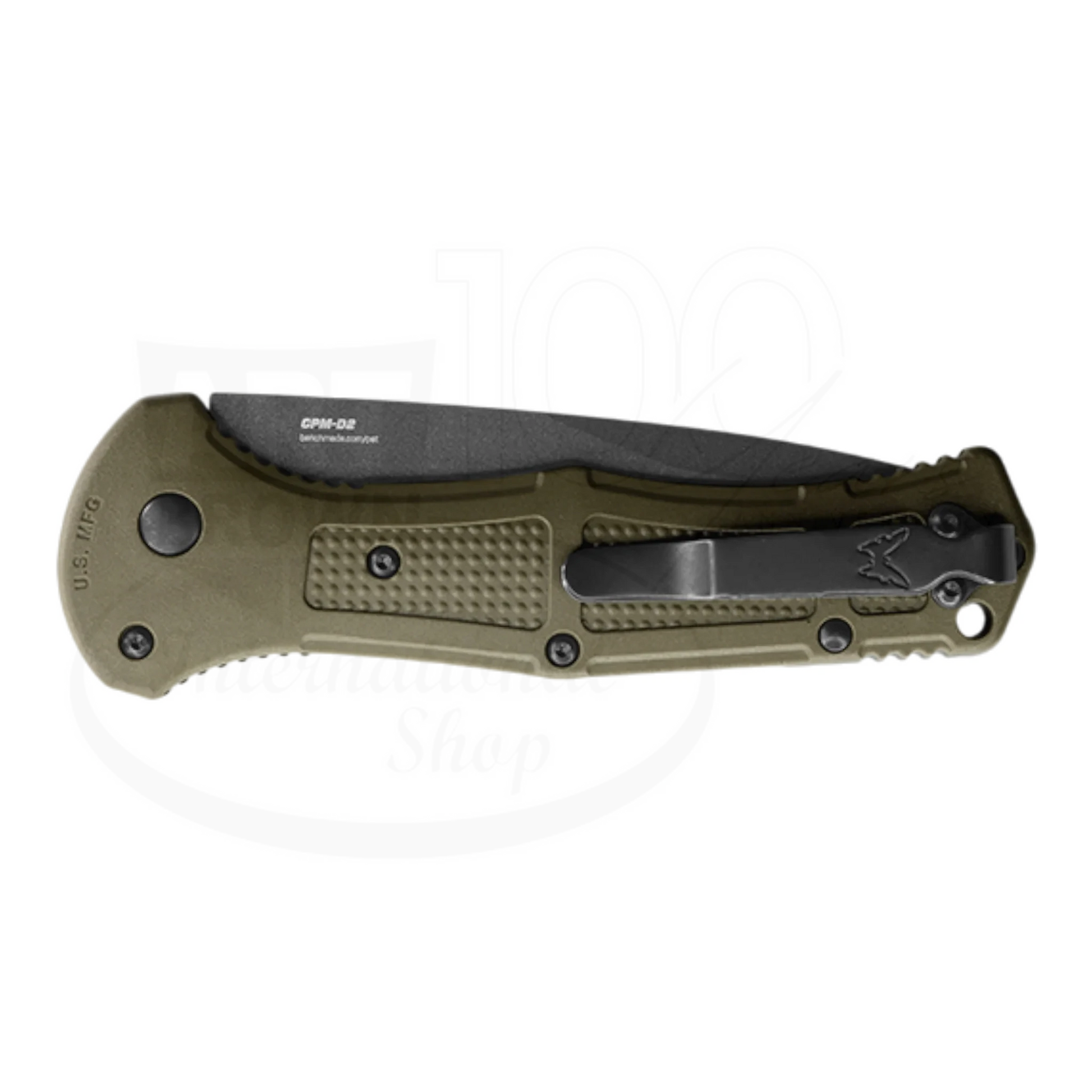 Benchmade Claymore Ranger Green Grivory® Drop Point Auto folding knife closed with olive green handle and black blade side view