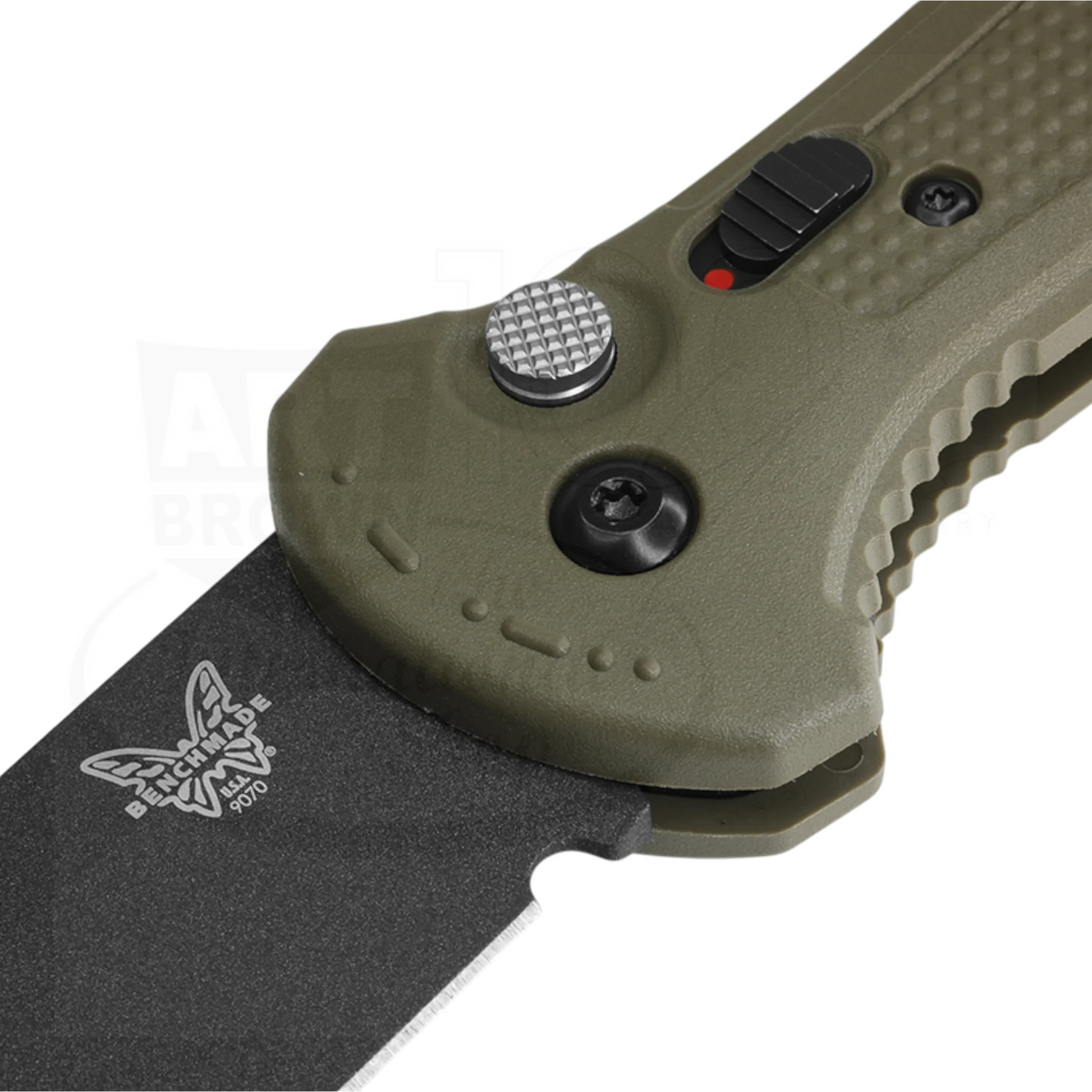 Benchmade Claymore Ranger Green Grivory® Drop Point Auto with textured green handle and black coated blade close-up view gallery 2