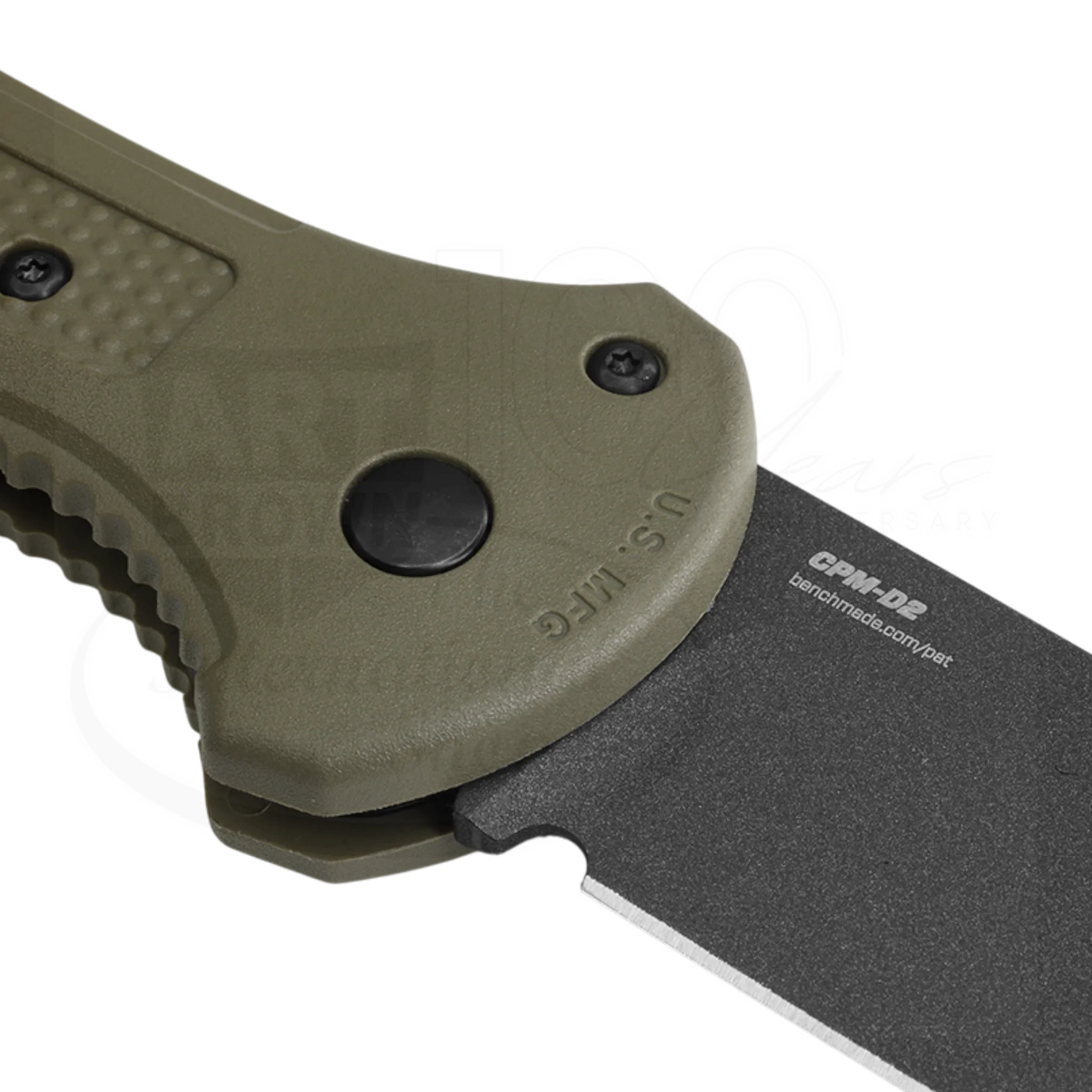 Benchmade Claymore Ranger Green Grivory® Drop Point Auto automatic knife with green handle close-up of blade and pivot mechanism